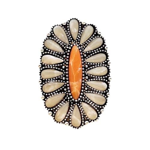 Bohemian Turquoise Vintage Ethnic Style Oval Open Adjustable Ring Western Style Natural Stone Flower Shaped Hippie Silver Ring Feminine Personality Ring - Orange Red White Turquoise Flower Shaped Ring