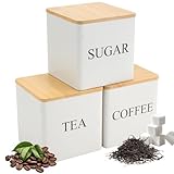 JIABEIUS 3 Pack 16oz Tea Sugar Coffee Container Set, Kitchen Canister Tins with Bamboo Lids, Stackable Storage Jar Suitable for Coffee Beans, Tea, Sugar, Flavourings, Cereals, Snacks