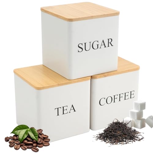 JIABEIUS 3 Pack 16oz Tea Sugar Coffee Container Set, Kitchen Canister Tins with Bamboo Lids, Stackable Storage Jar Suitable for Coffee Beans, Tea, Sugar, Flavourings, Cereals, Snacks