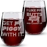 Pig Gifts for Pig Lovers - “Get Piggy With It” “I Like Pig Butts and I Cannot Lie” 17 Oz 2PC Stemless Wine Glass Set - Pig Glasses for Women - Pig Tumbler, Pig Cup, Pig Mug - Pig Themed Glasses
