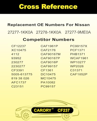 Image of CARORY Cabin Air Filter w /Activated Carbon for Nissan Versa (2012-2019), NV200 (2017-2021), Micra, March, Note, Chevy City Express; OE# 27277-1KK0A, 27278-1KK0A, 27277-9ME0A, CF12237, XC10475, CF237