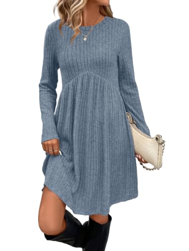 Image of OFEEFAN Long Sleeve Dress for Women Crew Neck Empire Waist Tunic Dress with Pockets