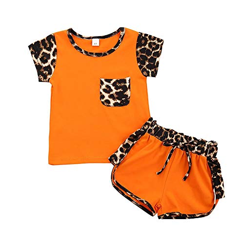 2Pcs Toddler Kids Baby Girls Leopard Outfits Short Sleeve Top Heart T-Shirt+Sweat Drawstring Shorts Pants Leggings Summer Casual Sports Tracksuit Sweatsuit 2PCS Jogging Clothes Set Orange 2-3T