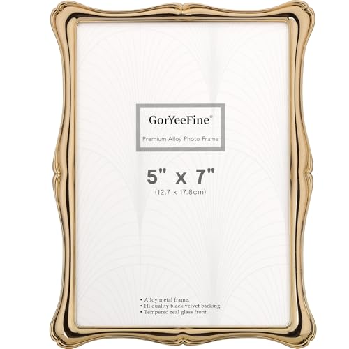 GorYeeFine 5 x7 Premium Alloy Gold Photo Frame - Luxury Display Hi End Dcor Picture Frames 7x5 with Velvet Backing Hi End Dcor Metal Frames