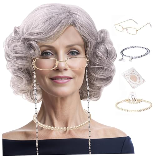 Lunettes avec chaîne et perruque de grand-mère pour incarner une vieille dame