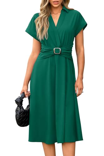 Newshows Women Button Down Tailored Fitted Shift Dress Free Wrinkle Wear to Work Business Casual Outfits Midi Office Clothes(Green,M)