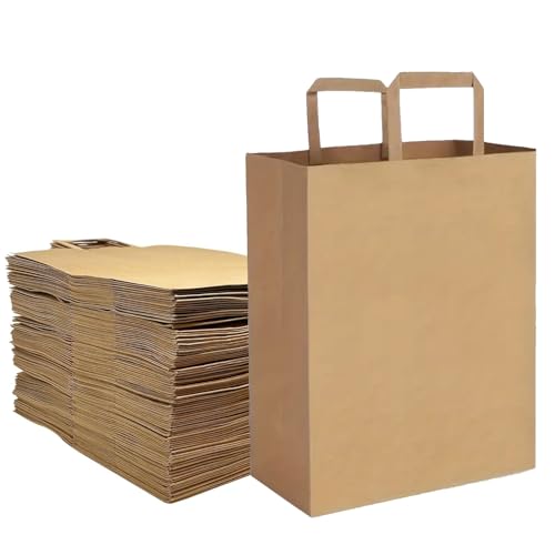 Aakriti Extra Large Brown Kraft Paper Bags with Flat Handles | 100 Pack Heavy Duty Recyclable Shopping, Grocery, Merchandise, Retail, Party Favor & Gift Packaging Bags | Eco-Friendly Reusable Carry Bags (16" x 12" x 5")