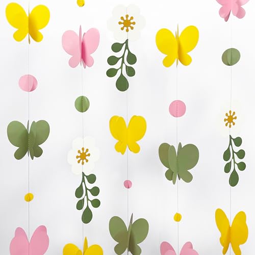 Image of Spring Decorations Flowers 3D Butterflies Dots Garland Green Pink Yellow Hanging Paper Streamer for Spring Birthday Mother's Day Wedding Bridal Shower Tea Party Decorations Supplies