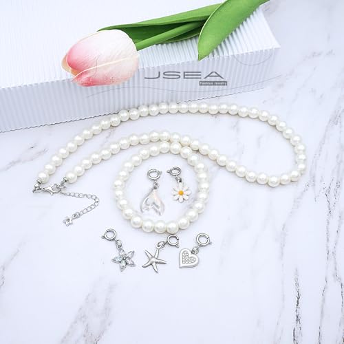 JSEA 8mm Faux Pearl Necklace Elastic Bracelet Jewelry Set Beige White Pink Fake Pearl Jewelry3