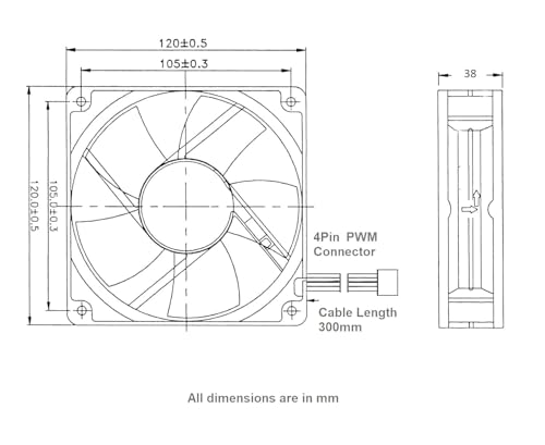 Image of Fourdot 120mm 5Inch Cabinet Cooling Fan 12V Model 12038 (PWM Motherboard Connector)