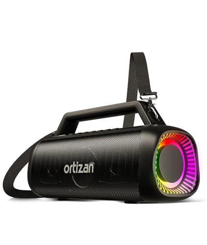 Ortizan 80W Speakers Bluetooth Wireless Loud with Bass, 24H Playtime, IPX7 Waterproof, Bluetooth 5.3, TWS Pairing, Large Outdoor Speaker with Lights, Portable for Garage, Camping and Beach - Black