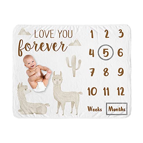Image of Sweet Jojo Designs Boho Llama Boy Girl Milestone Blanket Monthly Newborn Growth Mat Baby Shower Keepsake - Gender Neutral Beige Taupe Tan Bohemian Southwest Aztec Watercolor Mountain Cactus Farmhouse
