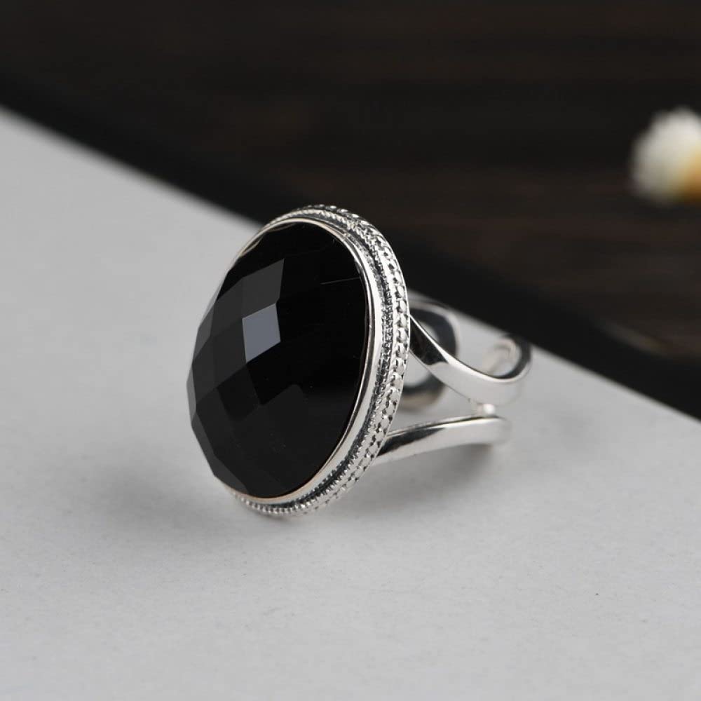 Anello in Argento 925 da Donna,Anelli Regolabili da Donna in Argento Sterling 925 Rotondi con Onice Nero Anelli Regolabili Sfaccettati retrò Vecchia Moda Fascino Energetico Gioielli da Sposa