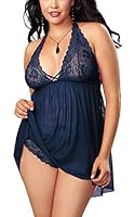 Xs And Os Women's Poly Spandex & Lace Floral Above Knee Baby Doll With Panty (XI-G_L-033_PLUS_Navy Blue_XL)