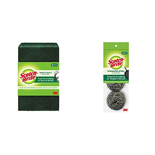 Scotch-Brite Heavy Duty Scour Pads Ideal for Garden Tools and Grills, 8 Count (Pack of 1), Green & Stainless Steel Scrubbers, 3 Count