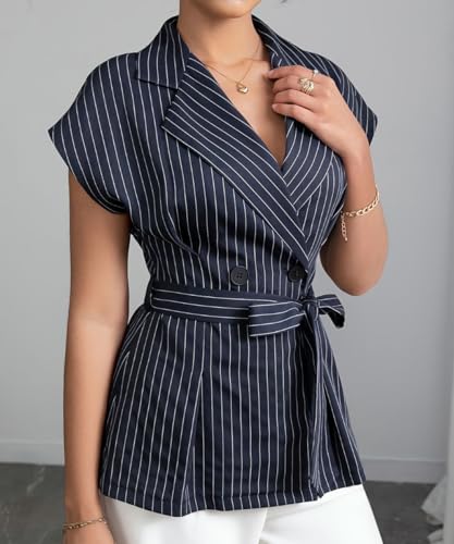 Women's Casual Cap Sleeve V Neck Blazer Vest Tops Striped Single Breasted Business Suit Vest with Belt4
