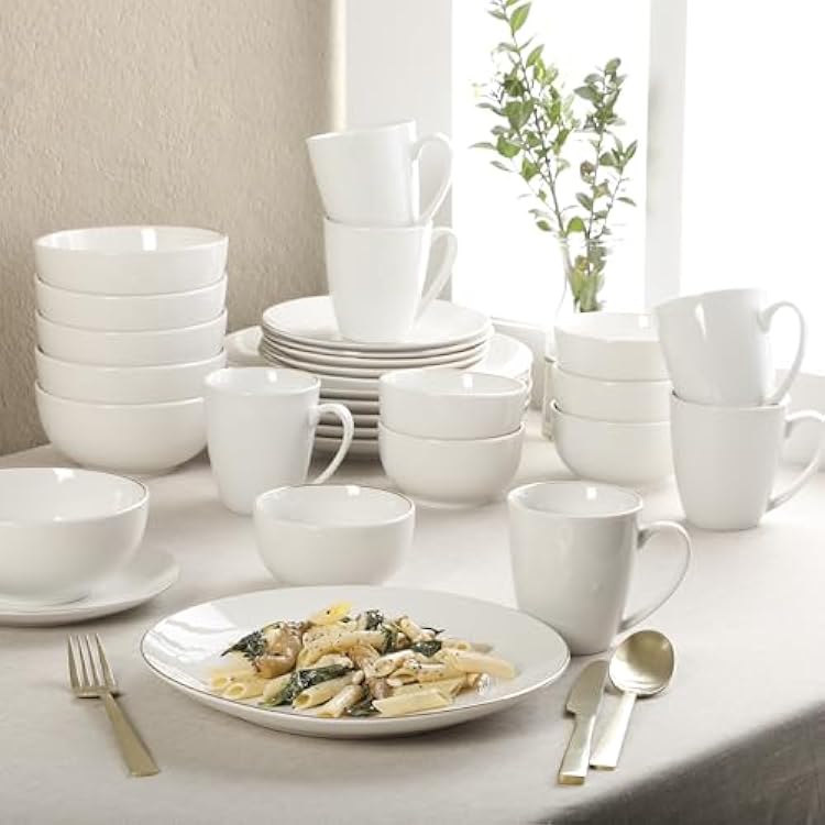 Gibson Home Ogalla 30 Piece Plates, Bowls, Mugs Dinnerware Set - Service for 6 - White Porcelain W/Gold Band