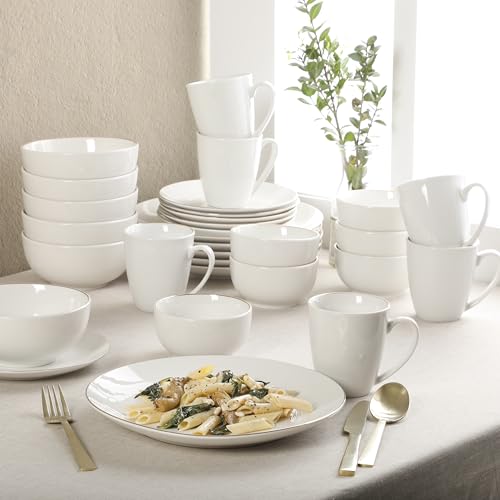 Image of Gibson Home Ogalla 30 Piece Plates, Bowls, & Mugs Dinnerware Set - Service for 6 - White Porcelain W /Gold Band