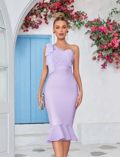 Image of Mesh One Shoulder Bow Midi Dress Fishtail Bandage Cocktail Party Wedding Bridesmaid Evening Gown