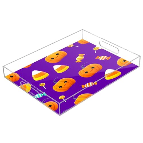 BOESI Cute Halloween Pumpkin & Candy Acrylic Decorative Dining Tray, Acrylic Decorative Tray Organizer with Handle for Kitchen, Dining Room, Bathroom, Dresser