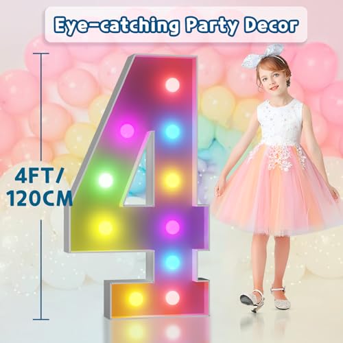 Image of Imprsv Colorful 4FT Marquee Numbers 4, 18 Colors Large Light up Numbers | RGB with Remote, Birthday Party Decorations Anniversary Wedding Decorations Assembly Required 24 Pcs Accessory Set