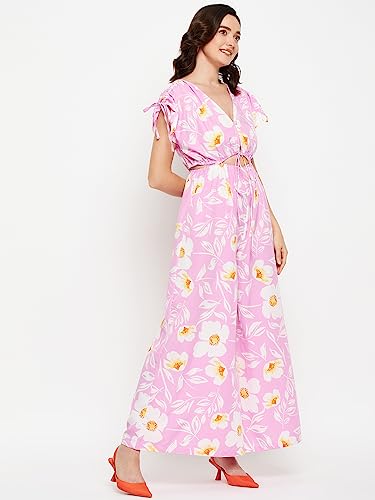 Image of Fashfun Women's Pink Floral Printed Crepe Jumpsuit with Waist Drawstring & Ruched Shoulder