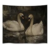 Romantic Gothic Swan Couple Art Tapestry Vintage Moody Lake Nature Aesthetic Tapestries Dark Academia Halloween Animal Wall Hanging for Bedroom Dorm Living Room Wall Decorwhite50x60inch