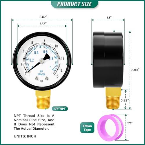 Image of 0-15PSI Well Pump Pressure Gauge 2 inch Dial Size, 1 /4 inch NPT Lower Mount, 3-2-3% Accuracy, for Tube, Water Pump, Gas, Liquid, Pressure Test