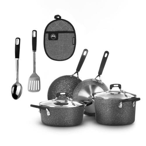 KASANOVA Batteria pentole 9 pezzi New Petra Dark, Set pentole e padelle induzione e forno fino a 180°C, Set pentole antiaderente con paletta, cucchiaio e presina