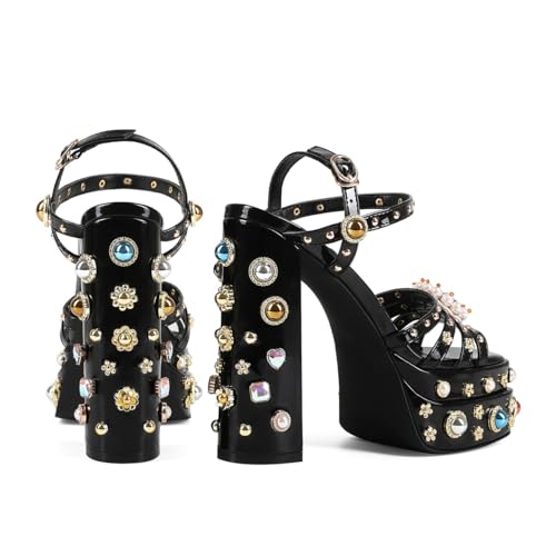 Image of Feinlina Rhinestone Platform Chunky Heels for Women Open Toe Ankle Strap Dress Pumps with Gems Green Pink Floral Print Embroidery Wedding Party Sandals