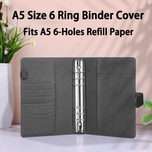 Image of Antner A5 Notebook Binder with 6 Ring Photocard Cover, PU Leather Refillable Budget Binder Loose Leaf Personal Organizer with Magnetic Buckle, Glitter Black