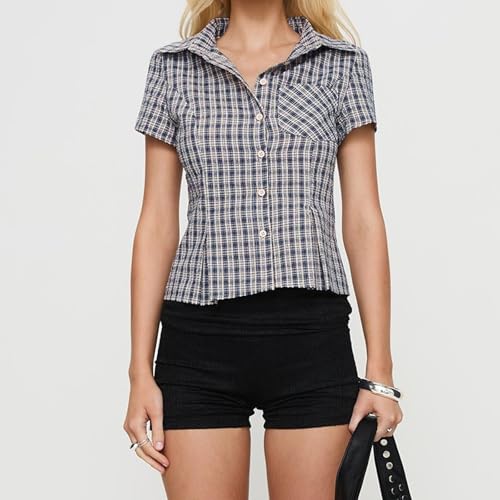 Image of Y2k Girls Vintage Coquette Button Down Shirt Women Short Sleeve V-Neck Slim Fitted T-Shirt Cute Blouse Crop Top