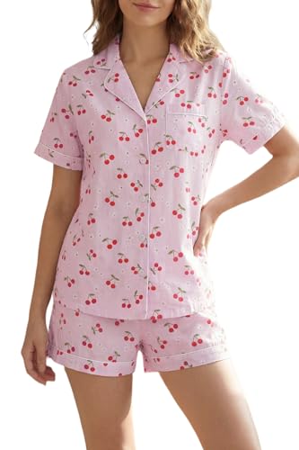 Image of LUBOT 100% Cotton Pajamas for Women 2 Piece PJ Set Poplin Woven Lightweight Ladies Button Short Sleeve Sleepwear S-XXL