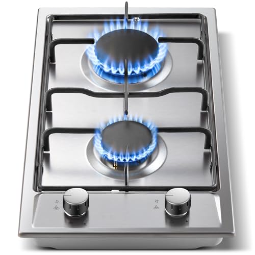 TopStrong Placa de Gas 2 Fuegos, 30cm Encimera Gas Butano, Cocina de Dos Fuegos y Sistema de Seguridad en Llama, Parillas Esmaltadas, Natural/Propano, Acero Inoxidable, 4200W