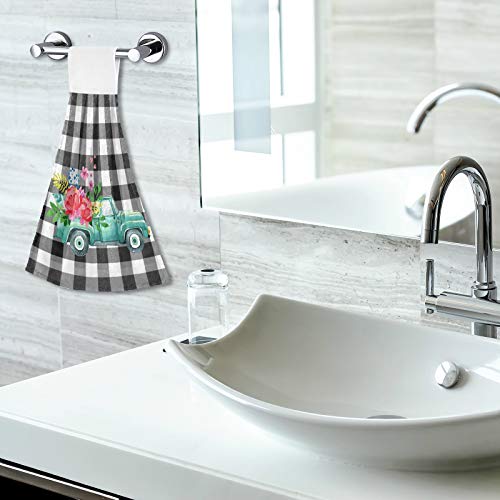 Turquoise Truck Rose Hanging Kitchen Towels 2 Pieces Spring Floral Black White Buffalo Check Plaid Dish Cloth Tie Towels Hand Towel Tea Bar Towels For Bathroom Farmhouse Housewarming Tabletop Home #TOP6