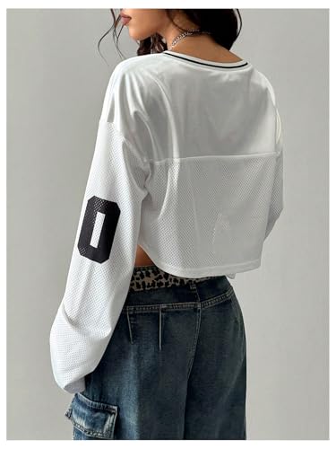GORGLITTER Women's Letter Graphic Mesh Jersey Shirts Y2k Long Sleeve Striped V Neck Cropped Top3