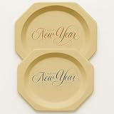 Perfect Stix New Years Eve Wooden Plates, 11 Inches, Gold and Black, Disposable Holiday Tableware with Happy New Year Print, 25 Count, Round