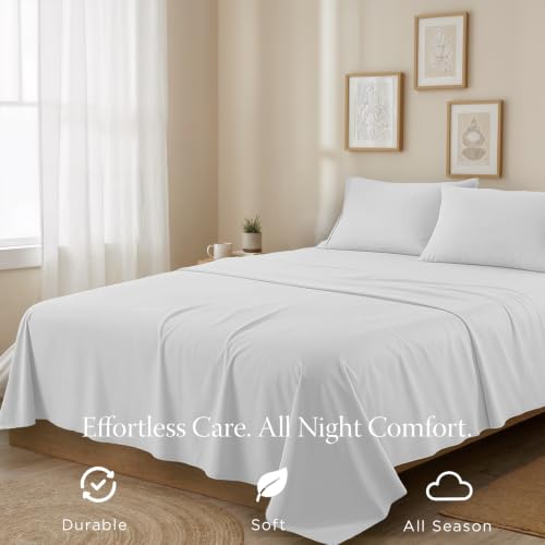 Image of Threadmill 300 Thread Count Cotton Queen Sheet Set, Sateen, Solid, White | 100% Cotton, Sateen Weave, 4-Piece Set, 16 inch Deep Pocket, Cooling, Breathable, OEKO-TEX Certified, Machine Washable