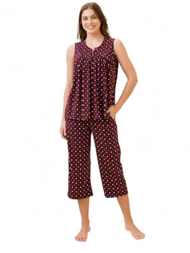 Image of AV2 Women's Cotton Printed Round Neck Sleeveless Night Suit Set | Capri Set | Casual Night Dress for Women