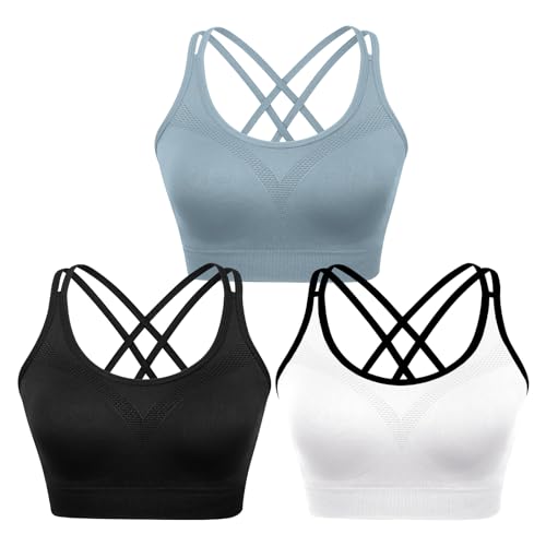 Image of WOYYHO Cross Back Sports Bra for Women Padded Medium Support Workout Bra | 3 Pack, Strappy, Removable Pads, Soft, Spaghetti Strap, Moisture-Wicking, Seamless, for Athletic Yoga Gym Fitness Daily