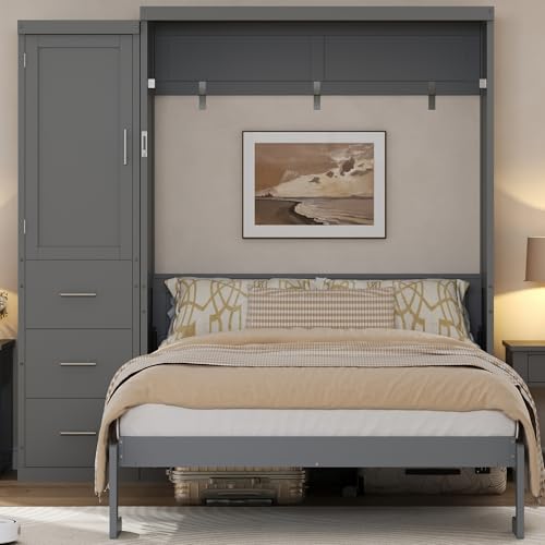 Murphy Bed Cabinet Full Size with 3 Storage Drawers & Large Wardrobe, Gray Murphy Bed Cabinet Full Size with 3 Storage Drawers & Large Wardrobe, Gray - Image 1