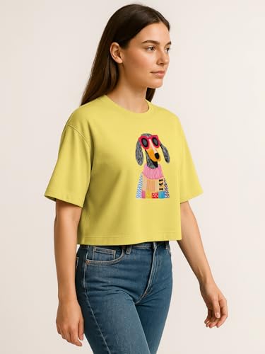 Image of HELLCAT Beige Printed Loose Fit Crew-Neck Crop T-Shirt for Women