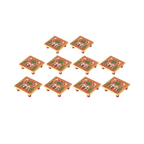 Image of Handicrafts Paradise ( 4 x 4 inch, Set of 10 Pc Marble Chowki with Peacock Design Painted Bajot for God, Home Mandir, Idols Statues Pratima, Home Decor Showpiece for Bulk Return Gifts