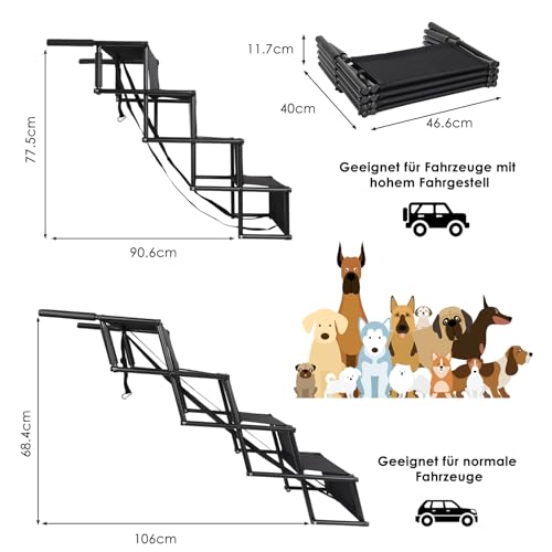CALIYO Hundetreppe Auto Klappbar bis 75KG für Große Hunde, Höhenverstellbare 4-Stufen-Hundetreppe, Geeignet für Autos, Sofas und Betten, Gelenkschonende, sichere und stabile(Schwarz)