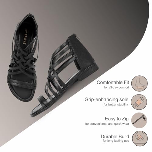 Image of TRASE Gladiator Sandals With Zip Closure Flats For Woman And Girls - Women Sandals - Stylish And Trendy Strappy Design Flat Footwear For College, Office And Beach Wear