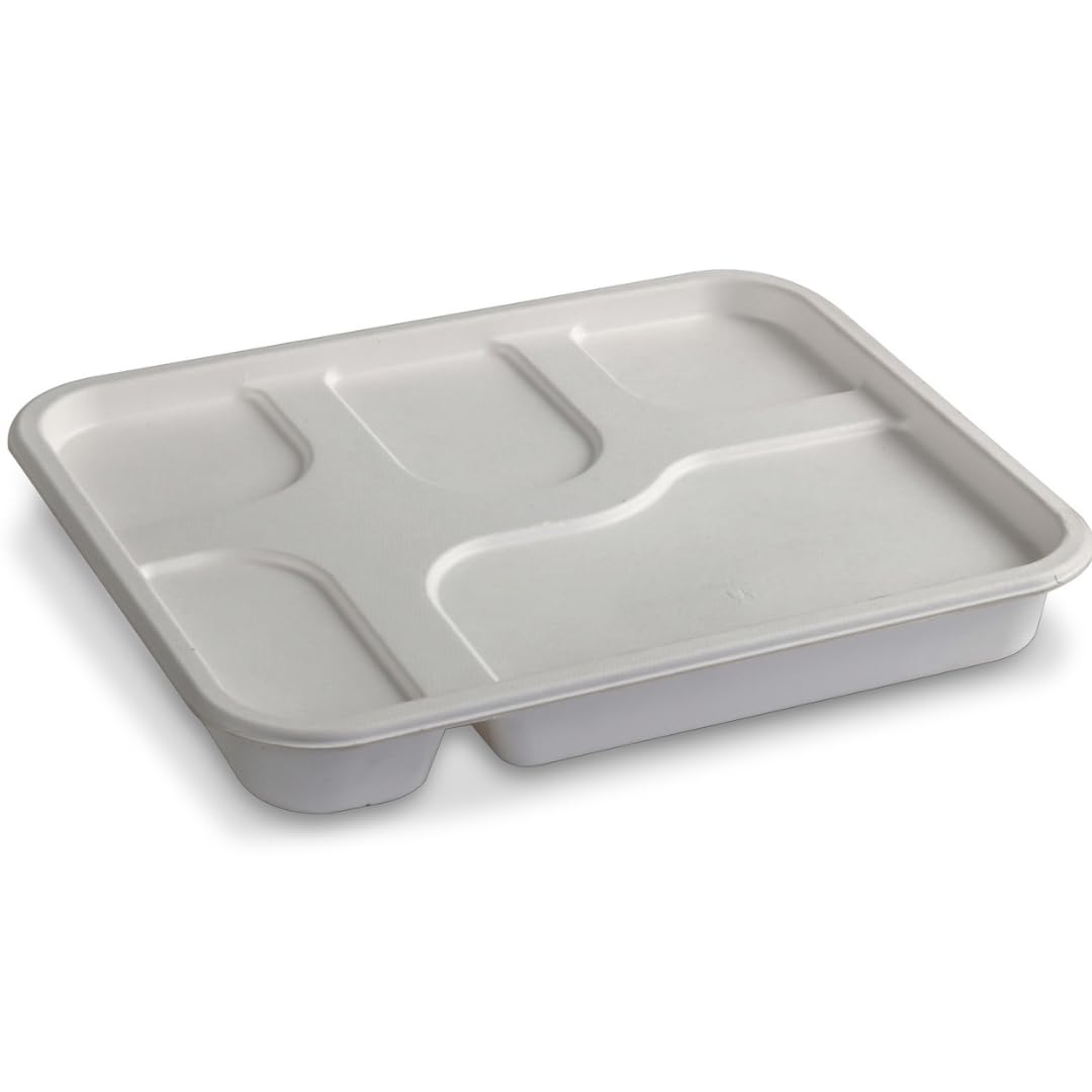 PalakGreens 100% Compostable 5CP Meal Tray with Lid Heavy-Duty Bagasse Tray with Lid Containers Eco-Friendly Sugarcane Tray for Serving Snacks and Meals Freezer Safe (White, 25 Pack)