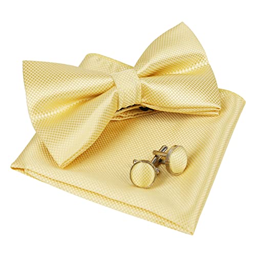 Alizeal Mens Solid Color Mini Squares Formal Banded Pre-tied Bow Ties Pocket Square Cufflinks Set Wedding Party Business-Goose Yellow