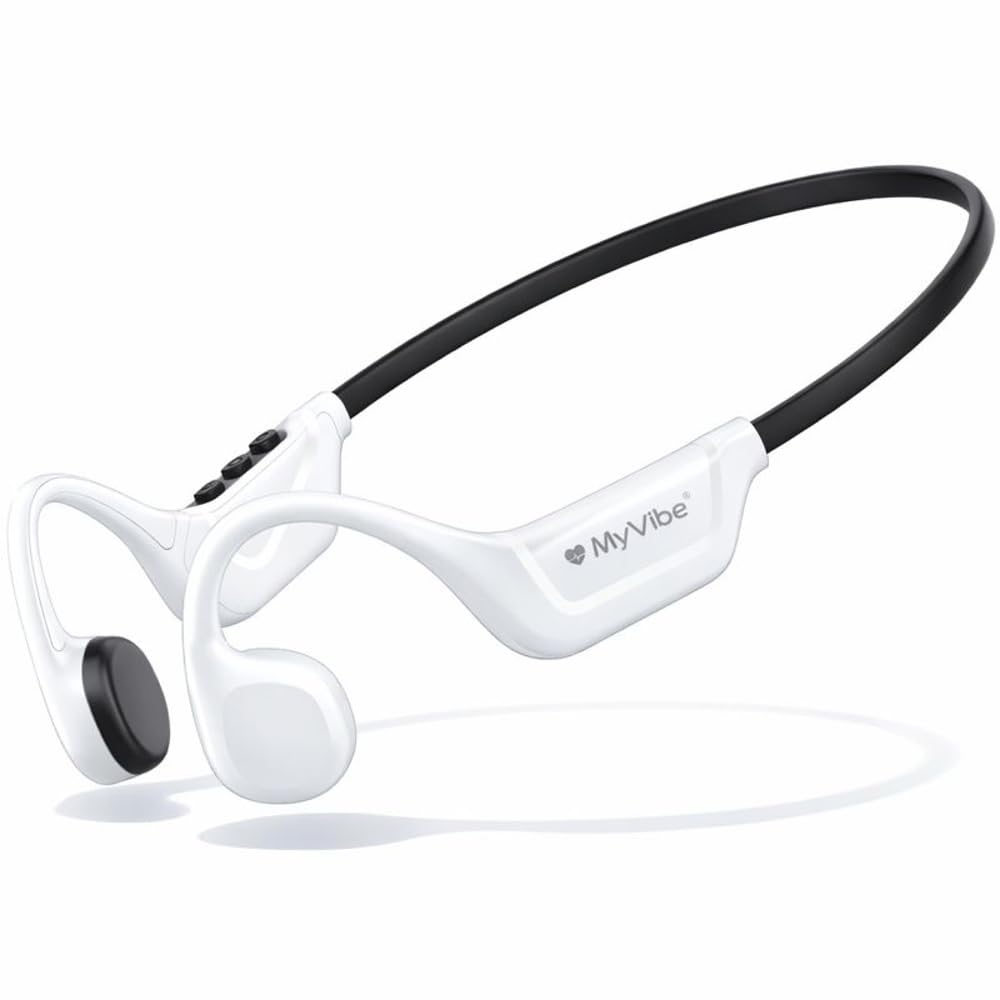 MYVIBE is Powerful Casque à Conduction Osseuse Sport Bluetooth - Écouteurs Oreilles Libres IPX5 Étanche, 9H Autonomie, Ultra Léger 28g - Idéal Running, Randonnée, Fitness & Urbain (Blanc)