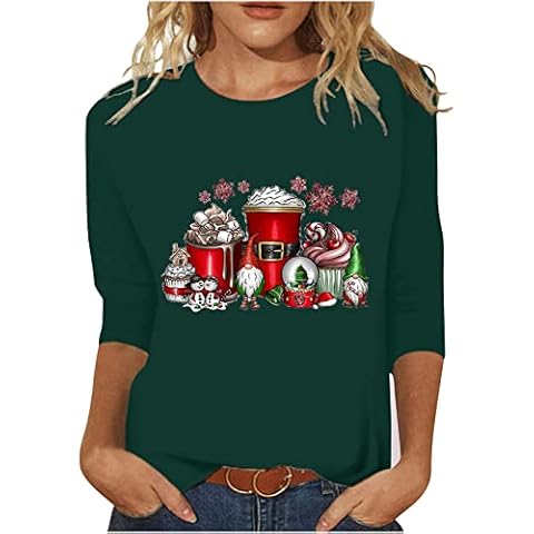 LUSHAasd Ugly Christmas Sweater for Women 2022 Crewneck Xmas Icecream Graphic Sweater Casual Shirts New Years 3/4 Sleeve Tunic Tops Army Green Cover
