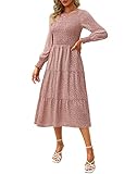 Ellakoko Spring Dresses for Women 2023 Modest A Line Casual Floral Smocked Crew Neck Flowy Tiered Long Sleeve Midi Dress Mauve L
